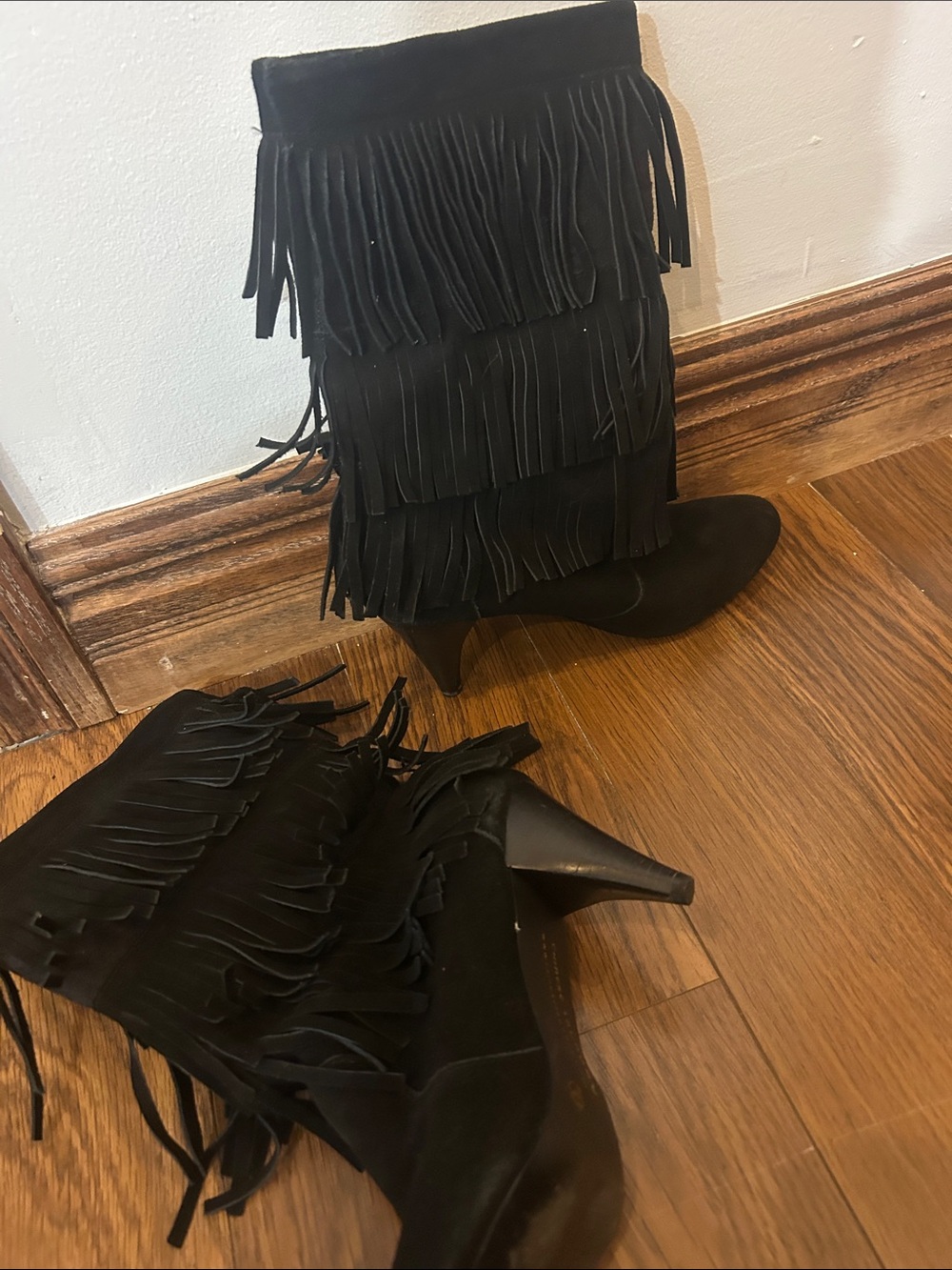 Chinese Laundry Black Fringe Mid-Calf Heeled Boots